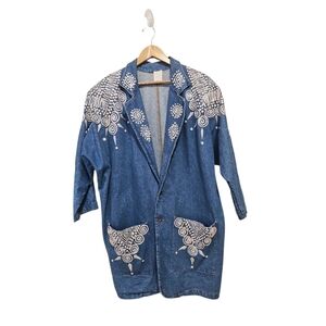 Vintage 1980s Hand-Painted Denim Coat Oversized Western Boho Made In The USA EUC